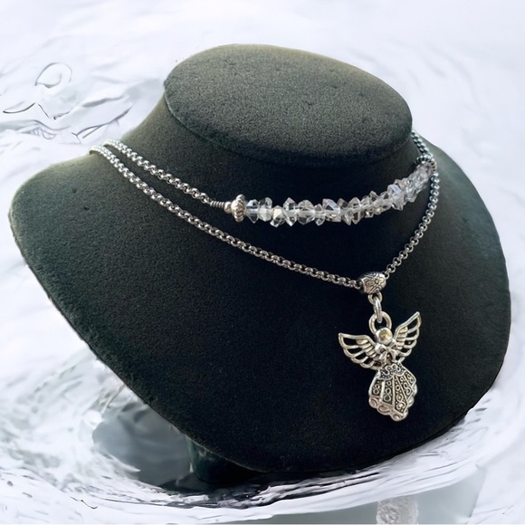 Genuine herkimer diamonds crystal double layer stainless steel angel necklace - Picture 1 of 13